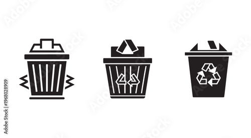Three trash cans icons for waste disposal and recycling  waste management symbols for ecology and environment  trash and recycle bins