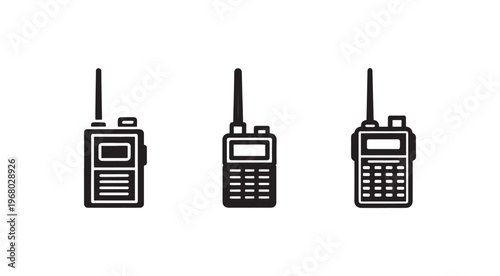 Three walkie talkie devices with antennas and screens for communication purposes