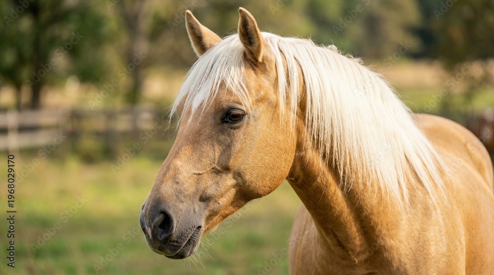 Obraz premium Portrait of a beautiful palomino horse with white mane in a green summer pasture. Purebred stallion grazing in a rural field, equestrian animal photography for ranch and nature themes.