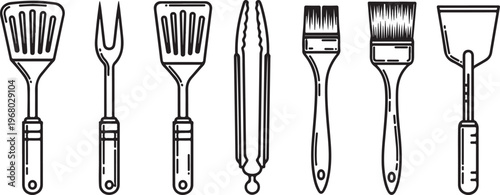 Black and white sketch of various kitchen utensils on a flat surface Vector