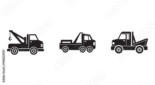 Tow trucks in three different styles for transportation and recovery services  rescue vehicles with various designs