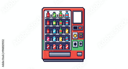 A retro-style pixel art vector of a red vending machine featuring rows of colorful sodas, control buttons, and a coin slot on a white background.