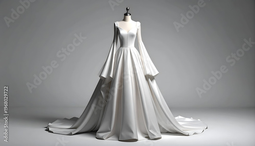 A white, elegant wedding dress on a mannequin with flowing sleeves and a long train