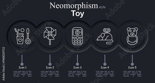 Toy set icon. Neomorphic circular interface line icons with bubble bottle wand, pinwheel spinner toy, handheld game device, toy mouse wheels, teddy bear doll.