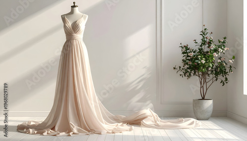 An elegant, flowing gown on a mannequin in a sunlit room, with a potted plant
