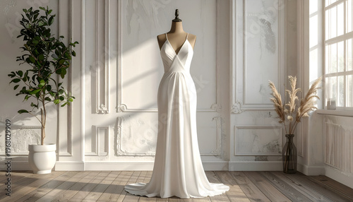 A long, flowing ivory wedding gown displayed on a mannequin, set in a light-filled room