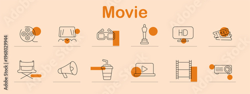 Movie set icon. Line symbols depict film reel, cinema screen, 3d glasses, award statue, hd display, ticket, director chair, megaphone, drink cup, video player