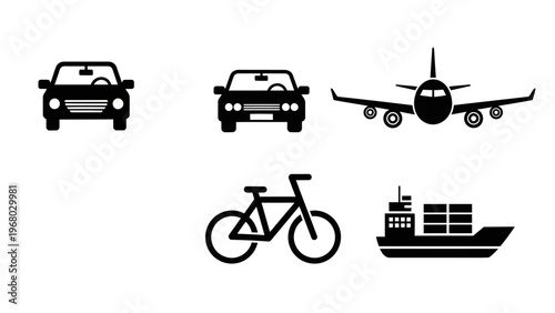 Diverse Transportation Icons: Car, Airplane, Bicycle, Ship