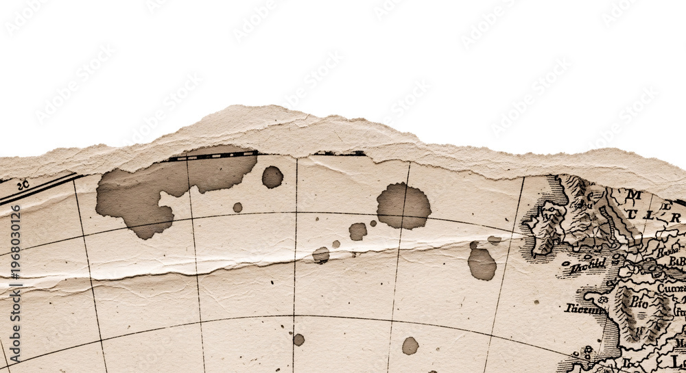 Obraz premium Vintage map fragment torn edge with ink stains isolated.