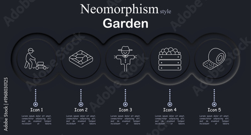 Garden set icon. Lawn mowing gardener, soil bed cultivation, scarecrow field protection, harvest crate vegetables, hay bale farming, agriculture work, rural gardening