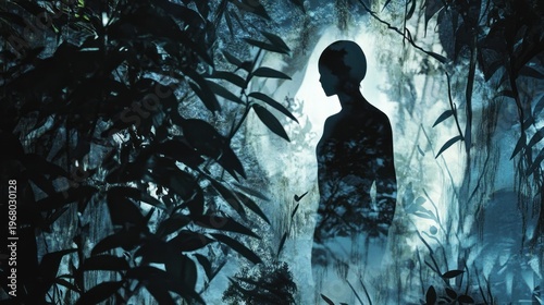 Silhouette figure in mystical rainforest, ethereal light