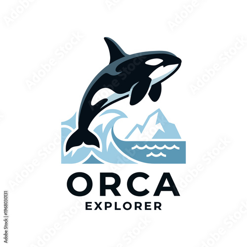 The image showcases a striking logo featuring an orca leaping above ocean waves, symbolizing adventure and exploration in a captivating marine environment.