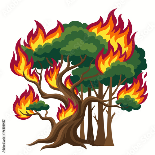 This dramatic illustration portrays a tree engulfed in vibrant flames, serving as a potent symbol of destruction and renewal, capturing the raw power of nature's forces.