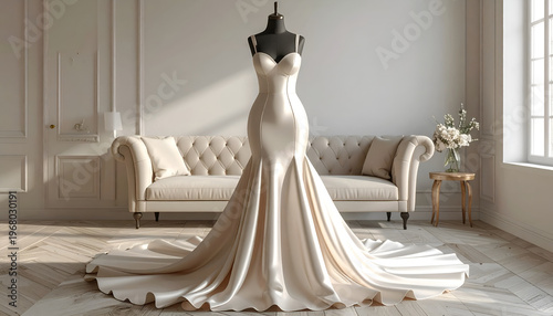 Elegant mermaid-style wedding gown on a dress form, against a light-filled interior