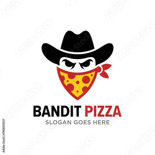 A playful character representing a 'bandit' pizza with a cowboy hat and mask, perfect for food branding, specifically for pizzerias, capturing a fun and adventurous feel.