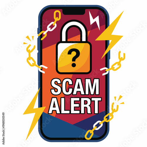 A striking smartphone graphic illustrating a scam alert with padlock and chains, emphasizing security awareness in the digital age, perfect for technology and safety themes.