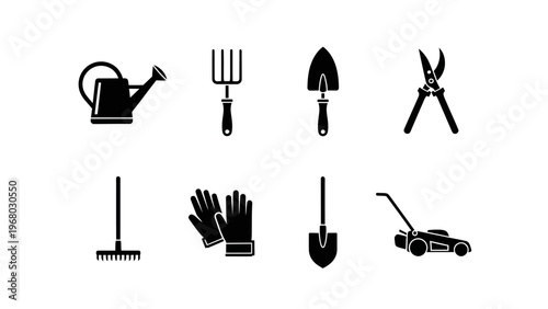 Gardening Tools Icon Set: Watering Can, Rake, Fork, Trowel, Shovel, Gloves, Pruners, Mower