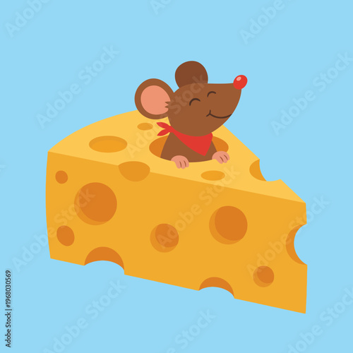 A cheerful cartoon mouse with a red scarf pops out from a large piece of cheese, symbolizing joy, curiosity, and a playful attitude towards life and food.