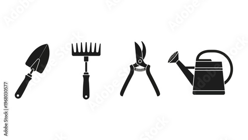 Gardening Tools Icons: Trowel, Rake, Pruners, Watering Can - Black Silhouette