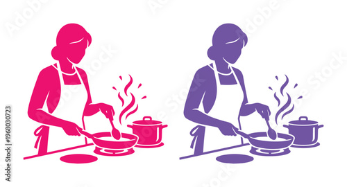 Minimalist woman cooking silhouette vector, female chef in apron preparing food with frying pan and pot, pink and purple kitchen icons