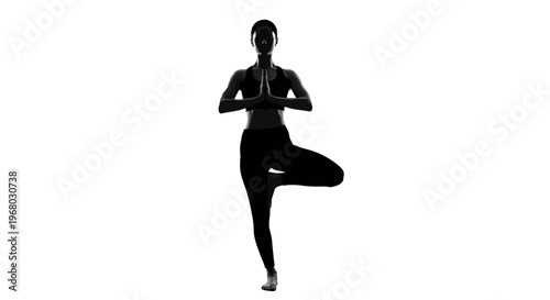 yoga pose silhouette vector illustration, woman in tree pose on white background, flat design