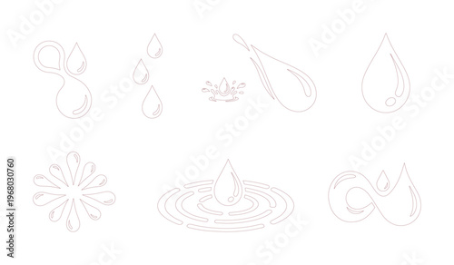 Minimalist water drop icons set, pink line art liquid splashes and ripples, clean vector moisture symbols for skincare and beauty branding
