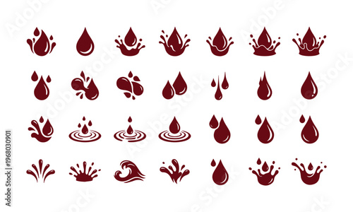 Minimalist blood drop icons and liquid splash set, 28 dark red water droplet vector elements, medical and healthcare fluid symbols
