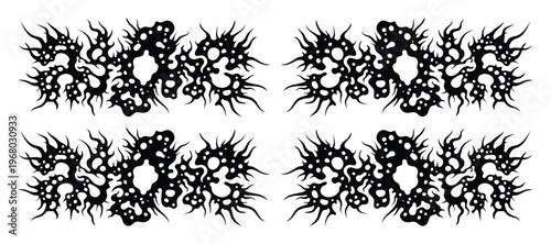 Death metal aesthetic vector elements, dark y2k streetwear graphics, set of 4 organic gothic shapes for apparel design and posters