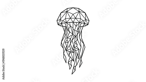 Minimalist Geometric Jellyfish Vertical | Modern Symmetrical Medusa Polygon Line Art Isolated Transparent PNG