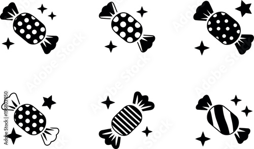 Wrapped candy star vector silhouette representing sweets, confectionery, and festive treats in simple black illustration for design projects