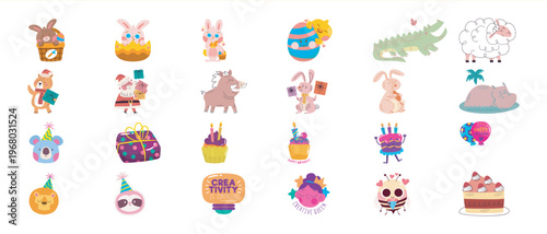 Collection of Cute Cartoon Characters and Holiday Themed