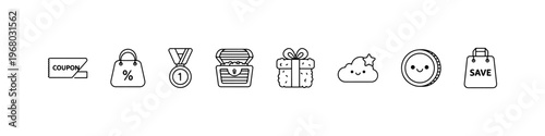 A set of cute and minimalist line icons for shopping rewards and customer loyalty programs, featuring a coupon, medal, treasure chest, gift box, and savings bag.