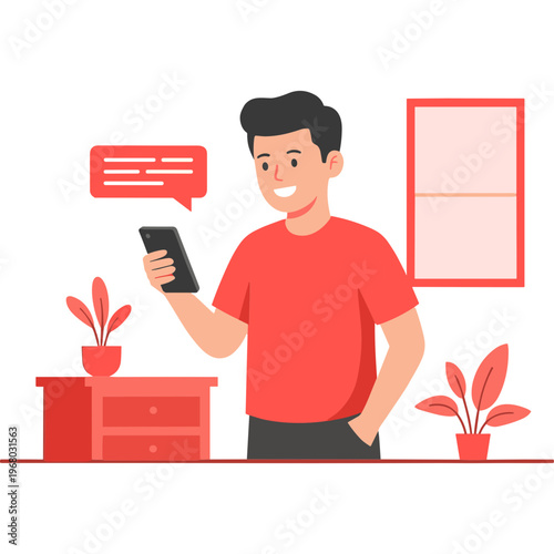 Man holding phone and chatting at home with plants nearby indoors