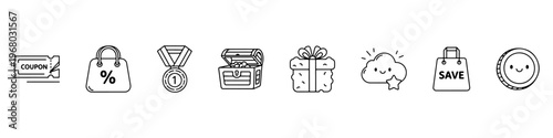 A set of cute and minimalist line icons for shopping rewards and customer loyalty programs, featuring a coupon, medal, treasure chest, gift box, and savings bag.
