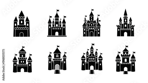 Set of Black Castle Icons - Fantasy Fortress Silhouettes