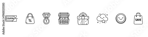 A set of cute and minimalist line icons for shopping rewards and customer loyalty programs, featuring a coupon, medal, treasure chest, gift box, and savings bag.