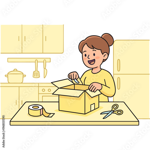 Woman unboxes kitchen supplies with scissors and tape on countertop