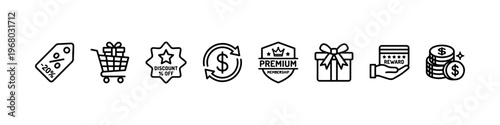 A set of minimalist line icons for retail marketing, customer loyalty programs, and financial shopping incentives.