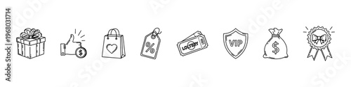 A collection of hand-drawn doodle icons for marketing and rewards, featuring a VIP shield, lottery tickets, money bag, award ribbon, and gift box.