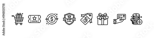 A set of minimalist line icons for retail marketing, customer loyalty programs, and financial shopping incentives.
