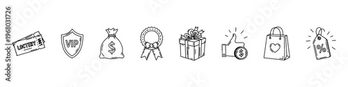 A collection of hand-drawn doodle icons for marketing and rewards, featuring a VIP shield, lottery tickets, money bag, award ribbon, and gift box.