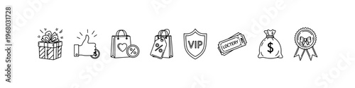 A collection of hand-drawn doodle icons for marketing and rewards, featuring a VIP shield, lottery tickets, money bag, award ribbon, and gift box.