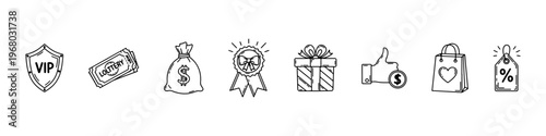 A collection of hand-drawn doodle icons for marketing and rewards, featuring a VIP shield, lottery tickets, money bag, award ribbon, and gift box.