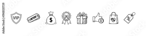 A collection of hand-drawn doodle icons for marketing and rewards, featuring a VIP shield, lottery tickets, money bag, award ribbon, and gift box.