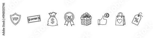 A collection of hand-drawn doodle icons for marketing and rewards, featuring a VIP shield, lottery tickets, money bag, award ribbon, and gift box.