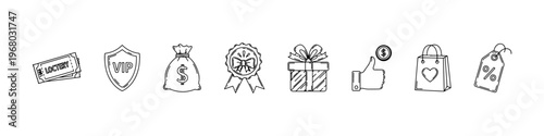 A collection of hand-drawn doodle icons for marketing and rewards, featuring a VIP shield, lottery tickets, money bag, award ribbon, and gift box.