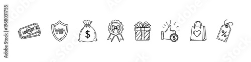 A collection of hand-drawn doodle icons for marketing and rewards, featuring a VIP shield, lottery tickets, money bag, award ribbon, and gift box.