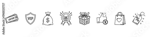 A collection of hand-drawn doodle icons for marketing and rewards, featuring a VIP shield, lottery tickets, money bag, award ribbon, and gift box.