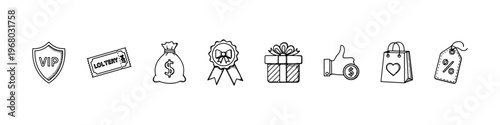 A collection of hand-drawn doodle icons for marketing and rewards, featuring a VIP shield, lottery tickets, money bag, award ribbon, and gift box.