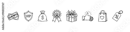 A collection of hand-drawn doodle icons for marketing and rewards, featuring a VIP shield, lottery tickets, money bag, award ribbon, and gift box.